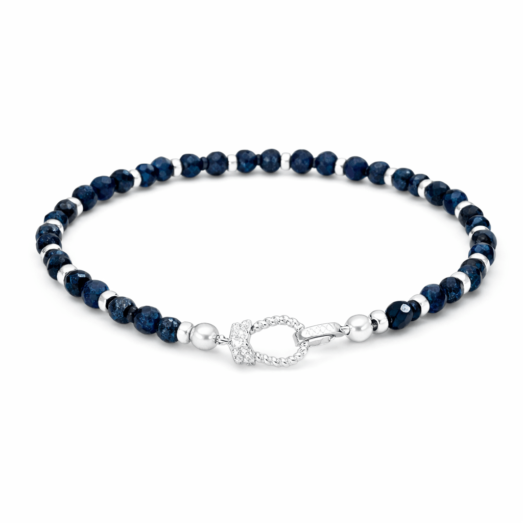 Bracelet perles femme argent 925 – BAD GIRL, GOOD KARMA, perles de saphir naturel facetté et fermoir fer à cheval serti de zircons – bijoux fait main en argent 925 | Pitch & Néo