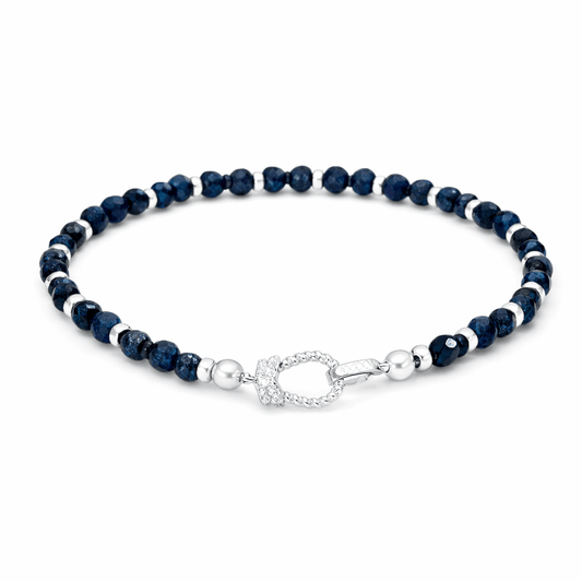 Bracelet perles femme argent 925 – BAD GIRL, GOOD KARMA, perles de saphir naturel facetté et fermoir fer à cheval serti de zircons – bijoux fait main en argent 925 | Pitch & Néo