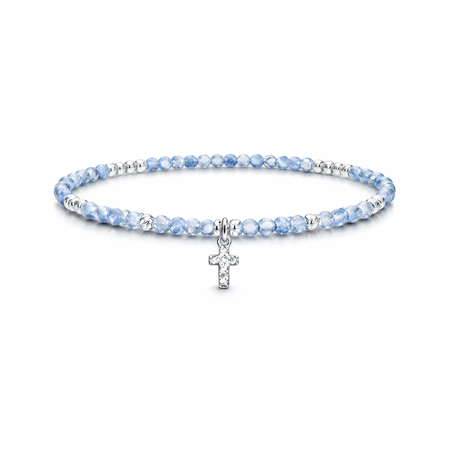 Bracelet perles femme argent 925 BURN MY HEAVEN – perles de cyanite facettées & pendentif croix zircons – bijoux fait main en argent 925 | Pitch & Néo