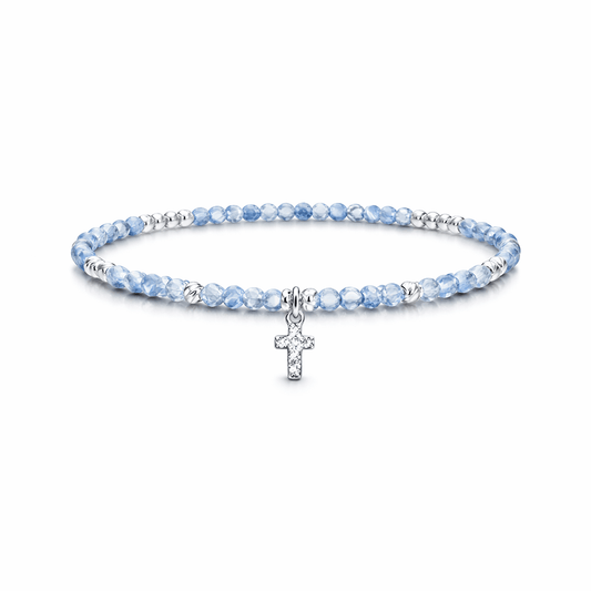 Bracelet perles femme argent 925 BURN MY HEAVEN – perles de cyanite facettées & pendentif croix zircons – bijoux fait main en argent 925 | Pitch & Néo