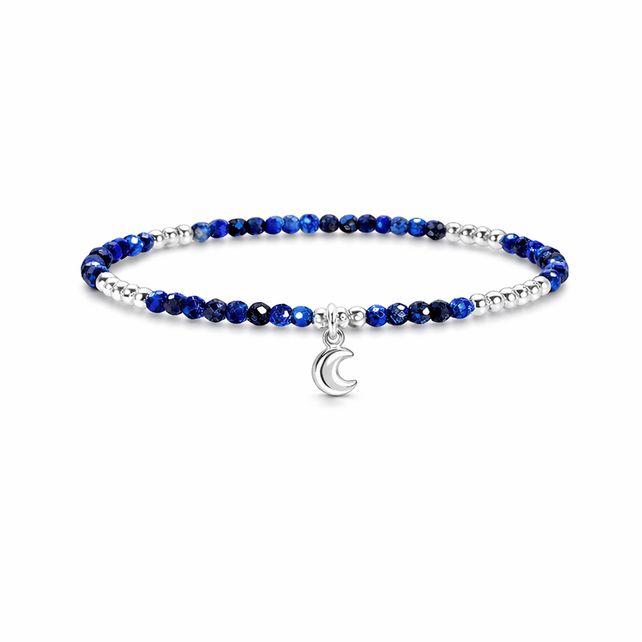 Bracelet perles femme argent 925 LUNA SPLENDENTE – perles de lapis - lazuli facettées & pendentif lune – bijoux fait main en argent 925 | Pitch & Néo