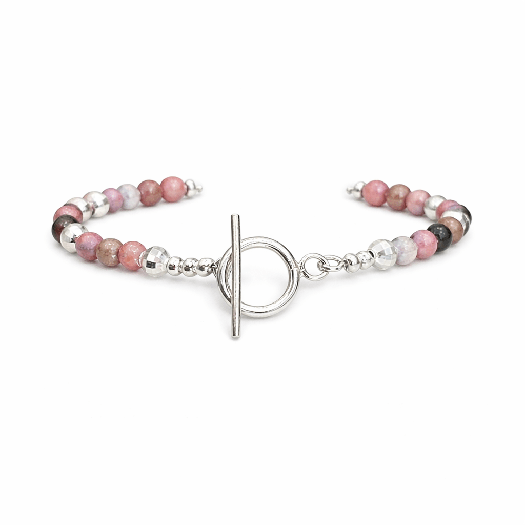Bracelet perles femme argent 925 YOU MAKE ME BLUSH, BABY – perles de rhodonite & fermoir toggle – bijoux fait main en argent 925 | Pitch & Néo