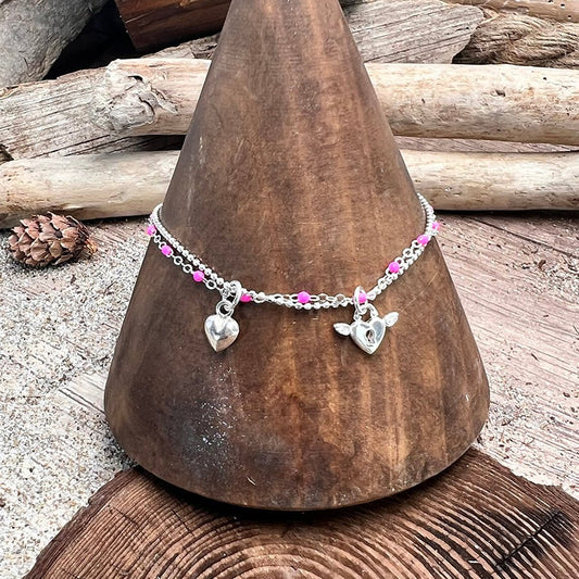 Chaîne de cheville femme double - rang SUGAR RUSH – chaîne perles émaillées rose fluo, pendentifs cœur ailé et cœur bombé argent 925 – bijoux fait main en argent 925 | Pitch & Néo