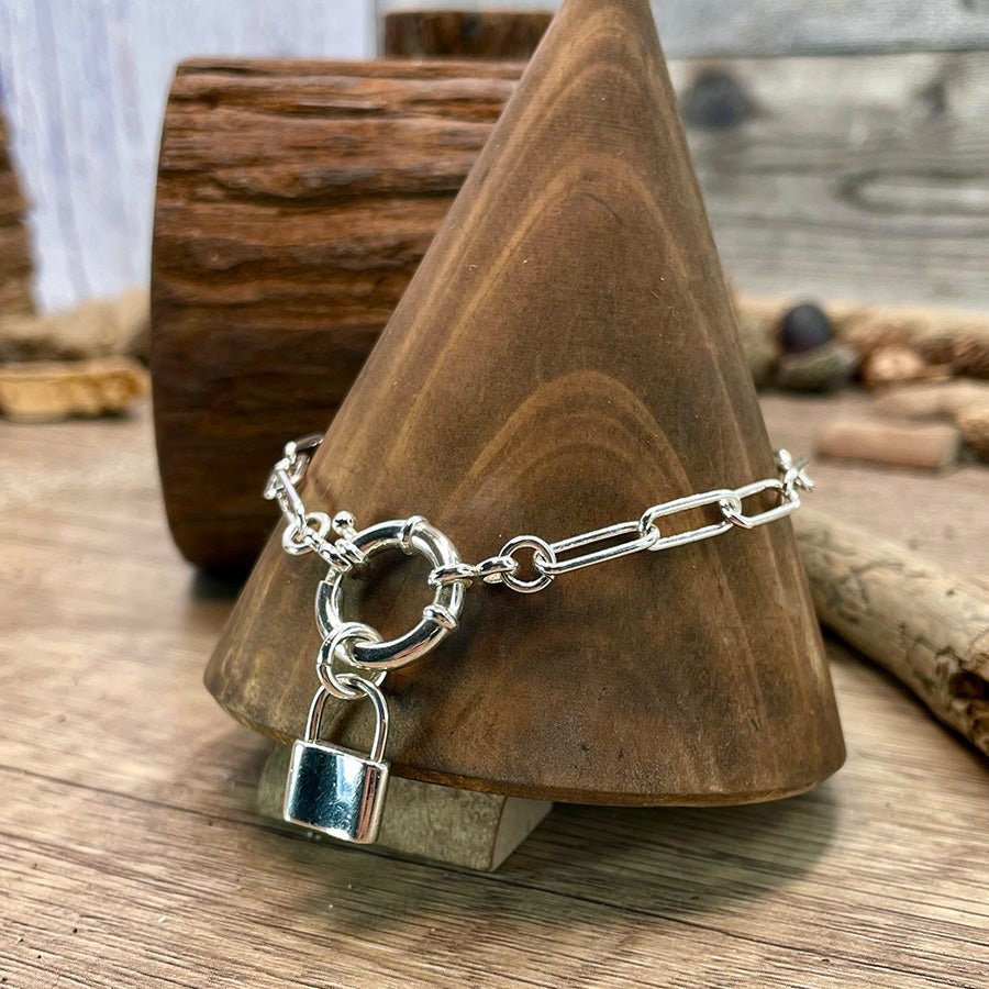 CHAOTIC BEAUTY BRACELET MAILLE RECTANGULAIRE ÉPAISSE AVEC FERMOIR BOUÉE ET PENDENTIF CADENAS MASSIF EN ARGENT 925 – bijoux fait main en argent 925 | Pitch & Néo