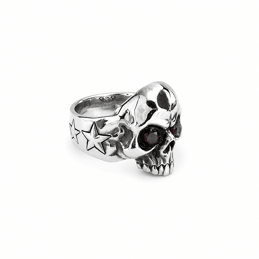 Chevalière tête de mort homme JOHN DOE – argent 925 et étoiles signature – bijoux fait main en argent 925 | Pitch & Néo