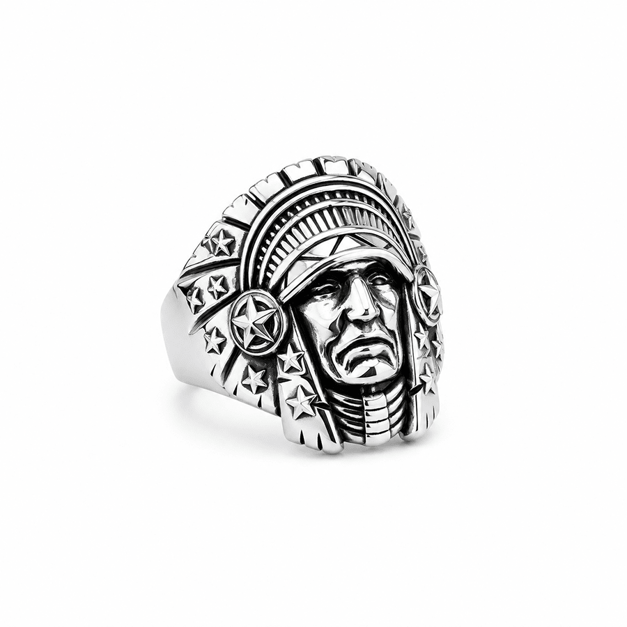 Chevalière tête d’indien homme SITTING BULL – argent 925 et étoiles signature – bijoux fait main en argent 925 | Pitch & Néo