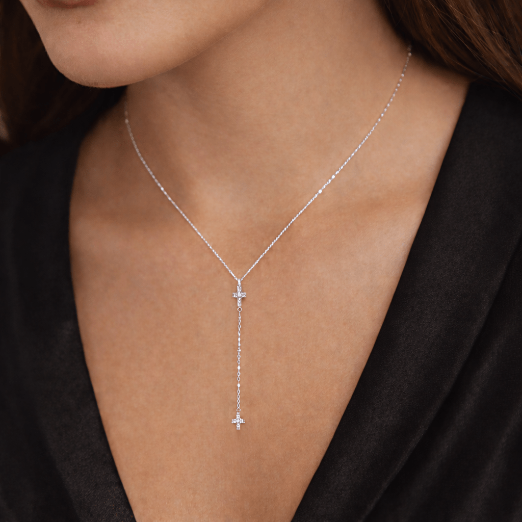 Collier chapelet en Y femme argent 925 – KISS & REPENT, chaîne forçat alternée de cubes facettés et pendentifs croix serties de zircons – bijoux fait main en argent 925 | Pitch & Néo