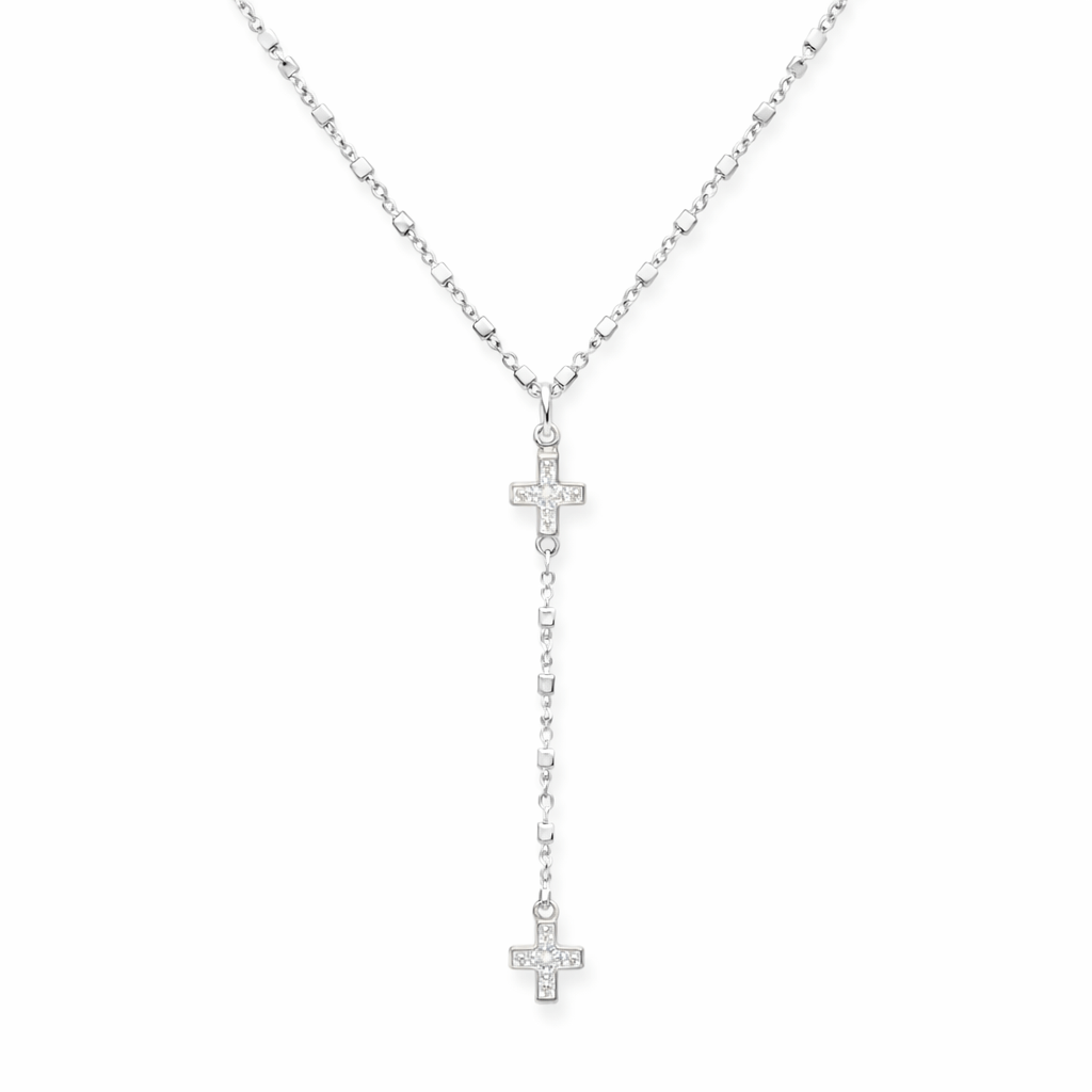 Collier chapelet en Y femme argent 925 – KISS & REPENT, chaîne forçat alternée de cubes facettés et pendentifs croix serties de zircons – bijoux fait main en argent 925 | Pitch & Néo