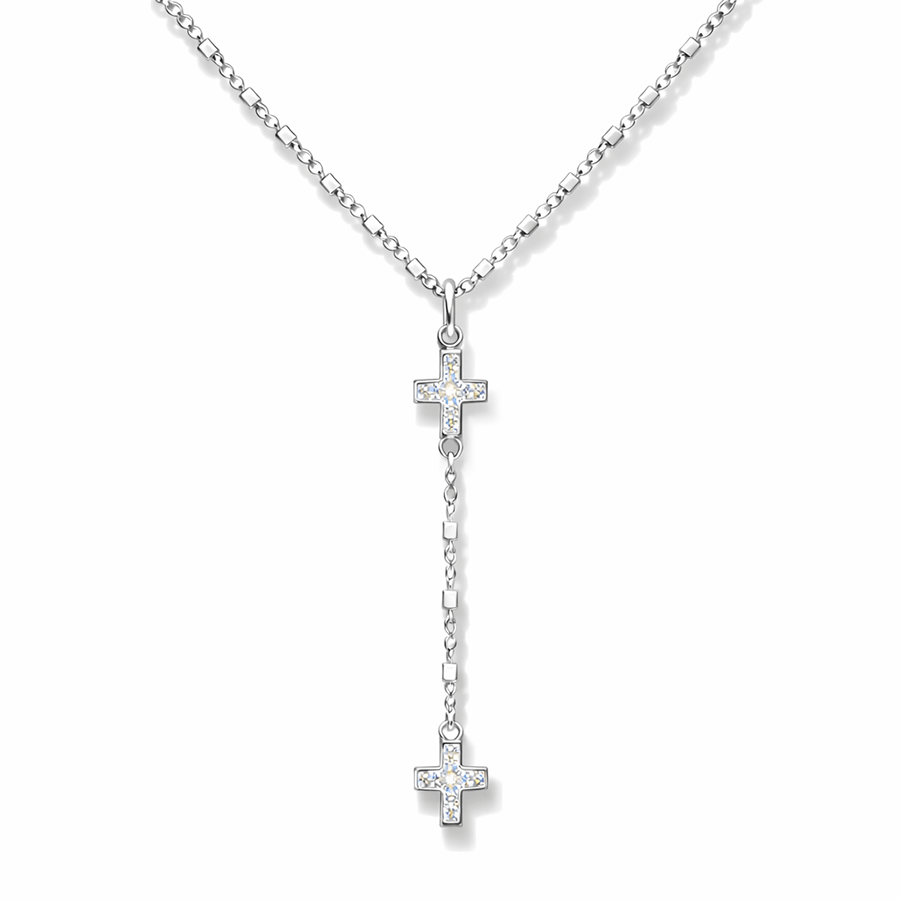 Collier chapelet en Y femme argent 925 – KISS & REPENT, chaîne forçat alternée de cubes facettés et pendentifs croix serties de zircons – bijoux fait main en argent 925 | Pitch & Néo