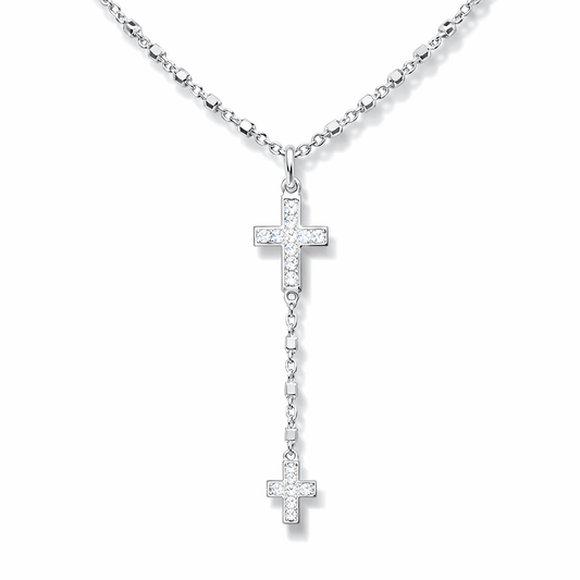 Collier chapelet en Y femme argent 925 – PRAY FOR MY LOOK, chaîne forçat alternée de cubes et double croix serties de zircons – bijoux fait main en argent 925 | Pitch & Néo