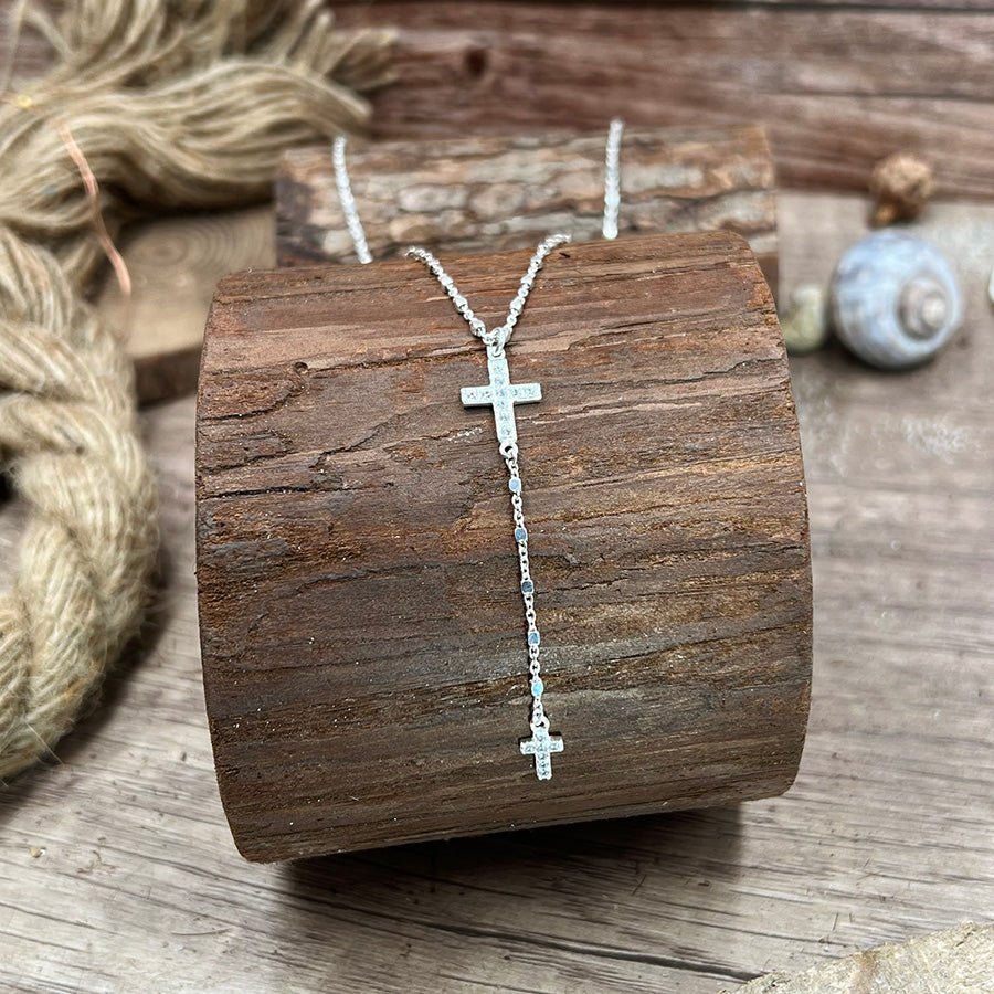 Collier chapelet en Y femme argent 925 – PRAY FOR MY LOOK, chaîne forçat alternée de cubes et double croix serties de zircons – bijoux fait main en argent 925 | Pitch & Néo