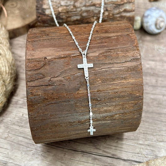 Collier chapelet en Y femme argent 925 – PRAY FOR MY LOOK, chaîne forçat alternée de cubes et double croix serties de zircons – bijoux fait main en argent 925 | Pitch & Néo