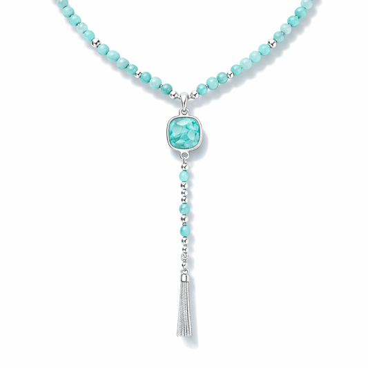 Collier chapelet femme AMAZON GLAM – perles d’amazonite, forme Y & cabochon amazonite et pampille en argent 925 – bijoux fait main en argent 925 | Pitch & Néo