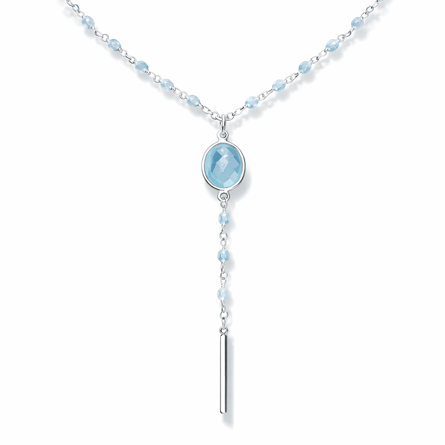 Collier chapelet femme COOLER THAN YOU – chaîne rosaire perlée d’aigue - marine, forme Y & pendentif cabochon calcédoine bleue facettée et barre verticale en argent 925 – bijoux fait main en argent 925 | Pitch & Néo