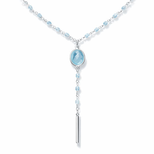 Collier chapelet femme COOLER THAN YOU – chaîne rosaire perlée d’aigue - marine, forme Y & pendentif cabochon calcédoine bleue facettée et barre verticale en argent 925 – bijoux fait main en argent 925 | Pitch & Néo