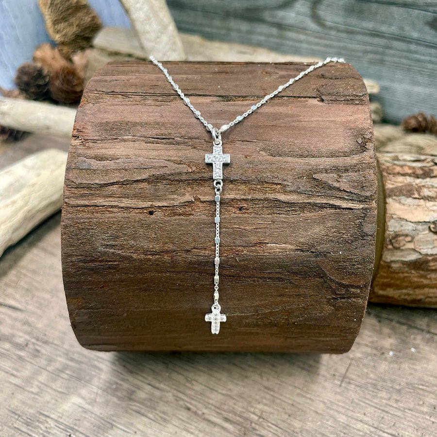 Collier chapelet femme KISS & REPENT – chaîne forçat alternée cubes facettés, forme Y & pendentifs croix pavées de zircons façon diamant en argent 925 – bijoux fait main en argent 925 | Pitch & Néo