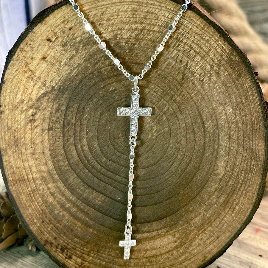 Collier chapelet femme PRAY FOR MY LOOK – chaîne forçat alternée de cubes, forme Y & double croix pavées de zircons façon diamant en argent 925 – bijoux fait main en argent 925 | Pitch & Néo