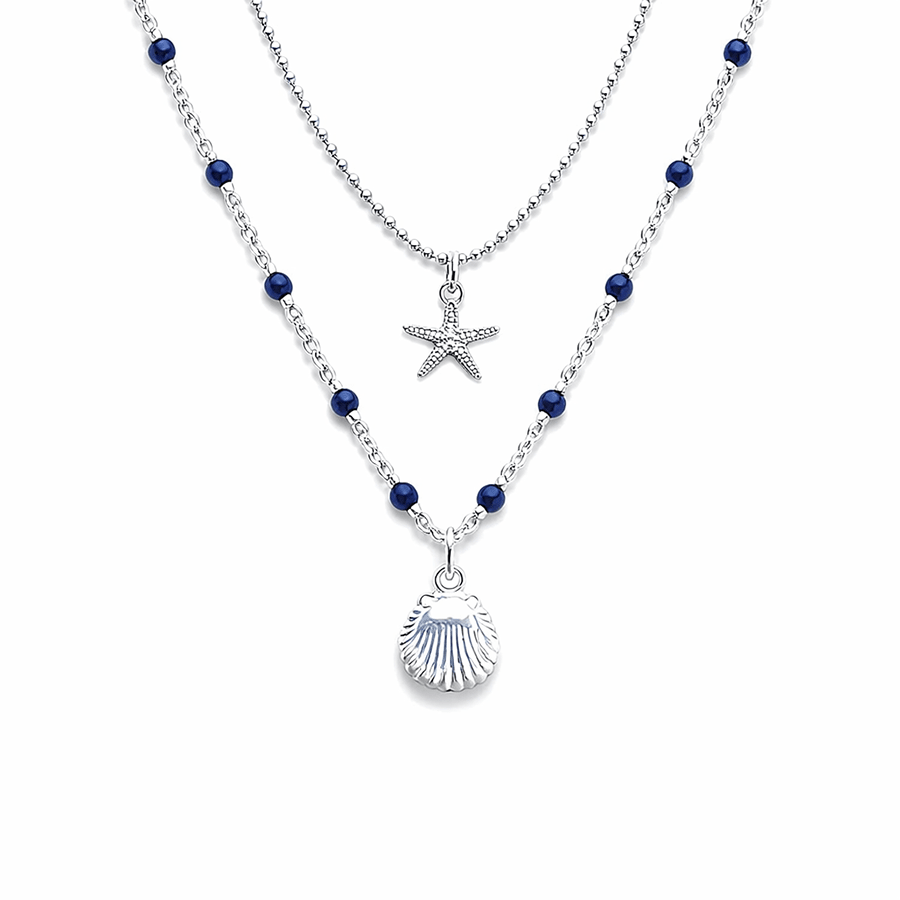 Collier double rang chaîne perles émaillées et chaîne boules facettées scintillantes pendentif coquillage femme argent 925 SON OF A BEACH – bijoux fait main en argent 925 | Pitch & Néo
