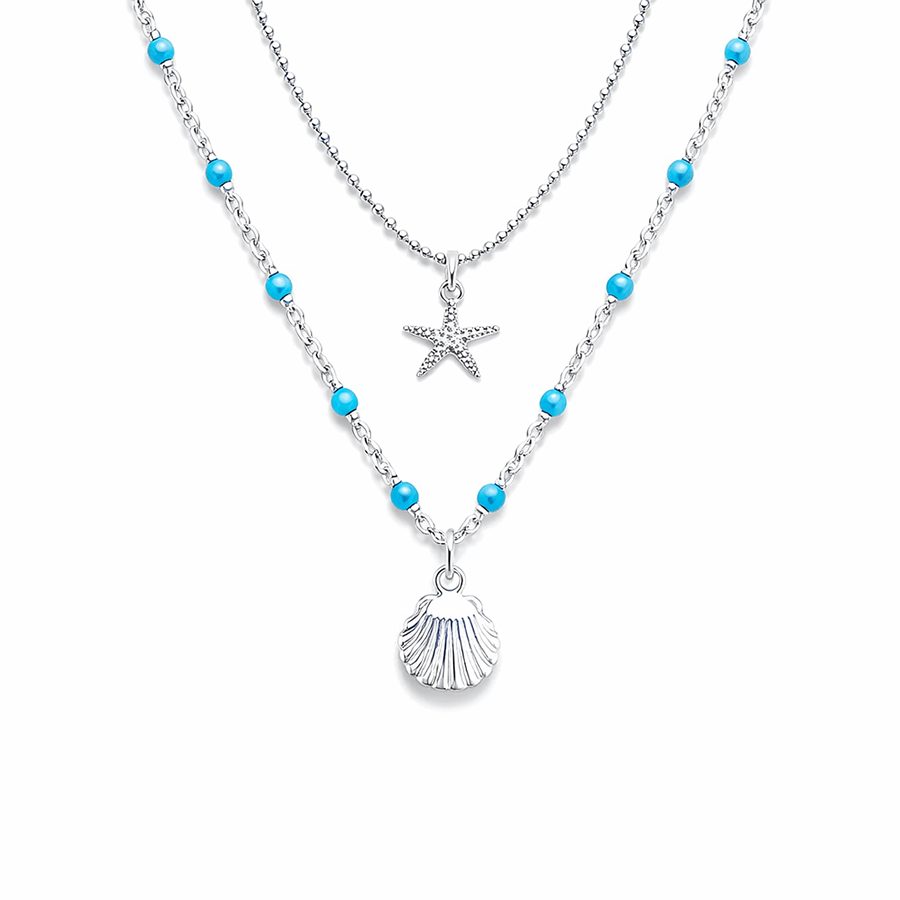 Collier double rang chaîne perles émaillées et chaîne boules facettées scintillantes pendentif coquillage femme argent 925 SON OF A BEACH – bijoux fait main en argent 925 | Pitch & Néo