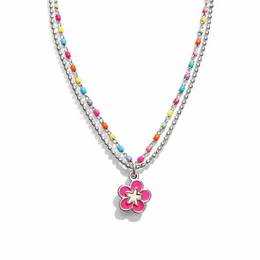 Collier double rang chaîne perles émaillées fluo multicolore et chaîne boules facettées scintillantes pendentif fleur hibiscus émail rose fluo femme argent 925 HIBISCUS & ALOHA – bijoux fait main en argent 925 | Pitch & Néo