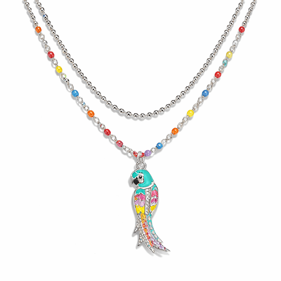 Collier double rang chaîne perles émaillées fluo multicolore et chaîne boules facettées scintillantes pendentif perroquet émaillé arc - en - ciel femme argent 925 FLY ME TO IBIZA – bijoux fait main en argent 925 | Pitch & Néo