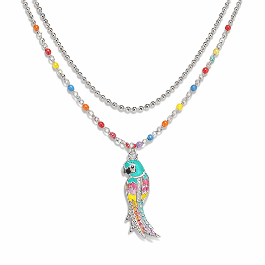 Collier double rang chaîne perles émaillées fluo multicolore et chaîne boules facettées scintillantes pendentif perroquet émaillé arc - en - ciel femme argent 925 FLY ME TO IBIZA – bijoux fait main en argent 925 | Pitch & Néo