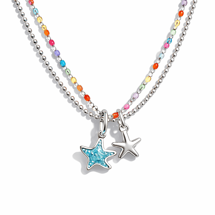 Collier double rang chaîne perles émaillées fluo multicolore et chaîne boules facettées scintillantes pendentifs étoiles de mer miroir et émail turquoise femme argent 925 STARFISH & REPEAT – bijoux fait main en argent 925 | Pitch & Néo