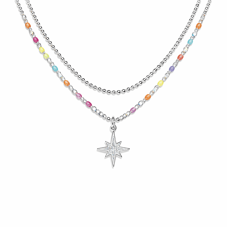 Collier double - rang chaîne perles émaillées multicolores fluo et chaîne boules scintillantes pendentif étoile du Nord zircon femme argent 925 I FOLLOW ME – bijoux fait main en argent 925 | Pitch & Néo