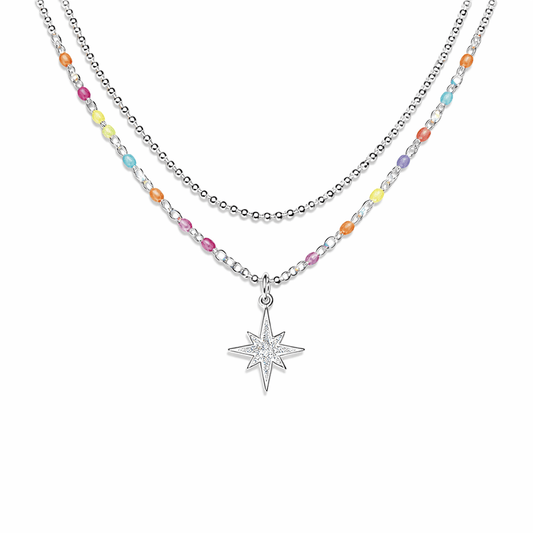 Collier double - rang chaîne perles émaillées multicolores fluo et chaîne boules scintillantes pendentif étoile du Nord zircon femme argent 925 I FOLLOW ME – bijoux fait main en argent 925 | Pitch & Néo