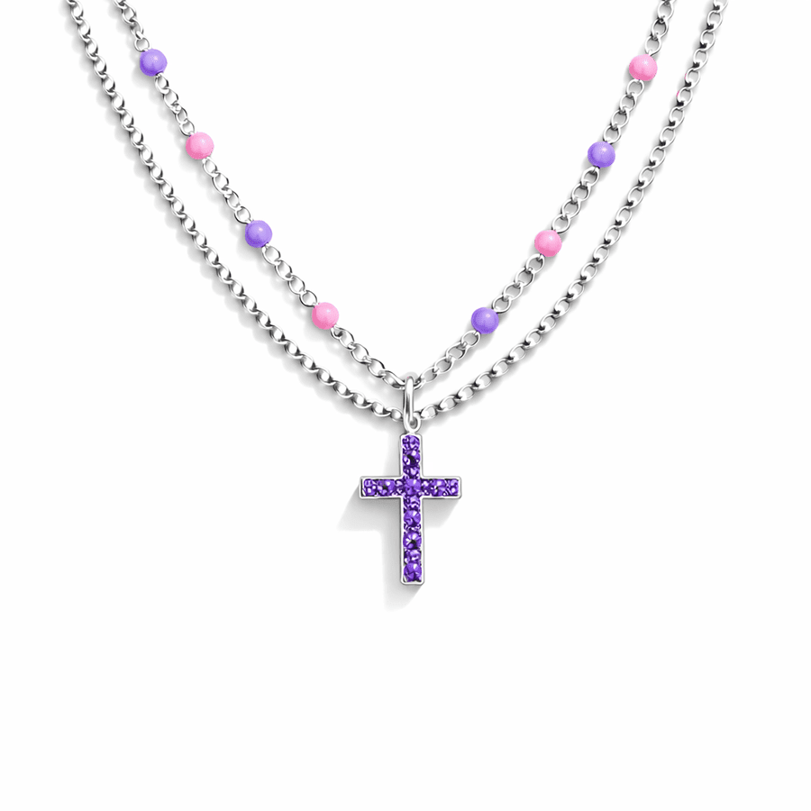 Collier double rang chaîne perles émaillées pastel et chaîne boules facettées scintillantes pendentif croix zircon violet femme argent 925 BITE ME, BLESS ME – bijoux fait main en argent 925 | Pitch & Néo