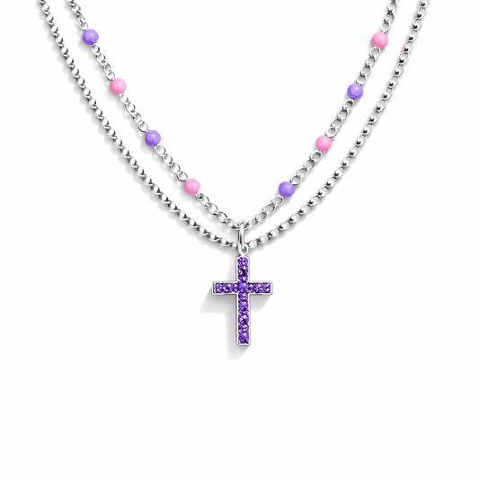 Collier double rang chaîne perles émaillées pastel et chaîne boules facettées scintillantes pendentif croix zircon violet femme argent 925 BITE ME, BLESS ME – bijoux fait main en argent 925 | Pitch & Néo