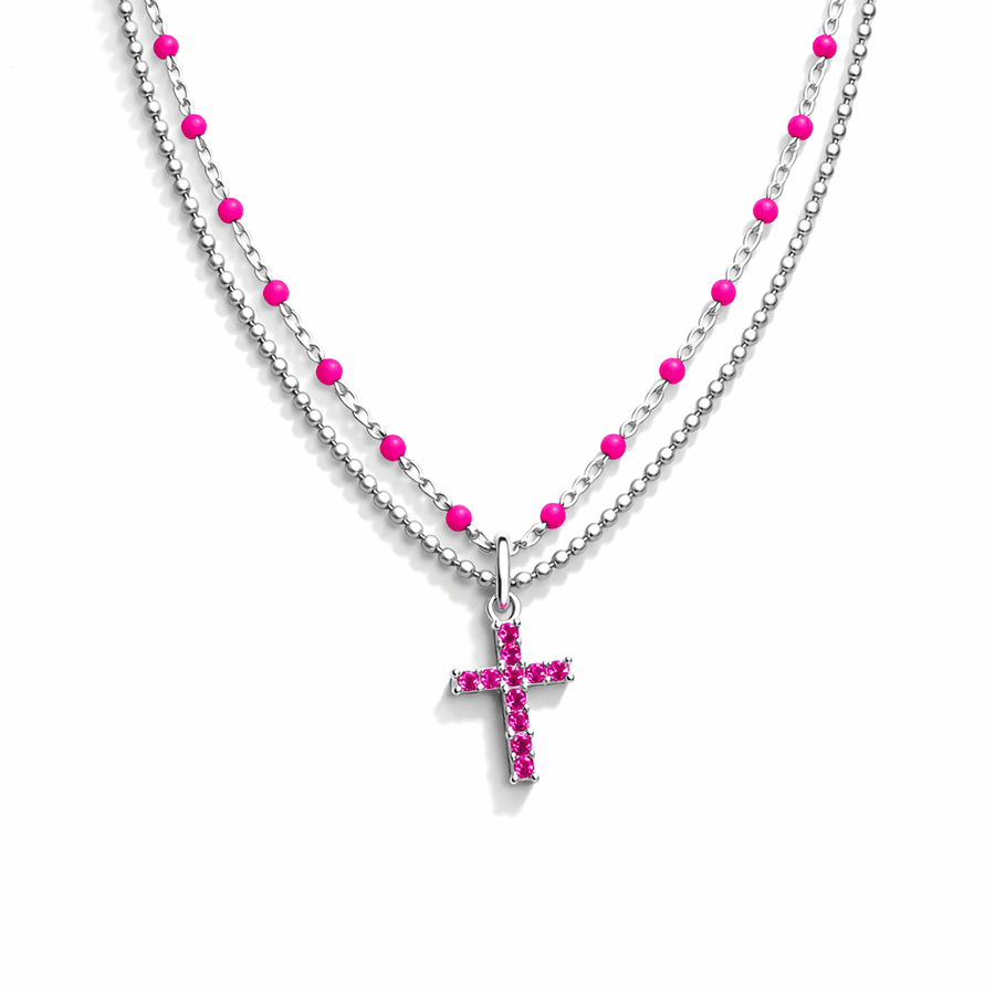 Collier double rang chaîne perles émaillées rose fluo et chaîne boules facettées scintillantes pendentif croix zircon fuchsia femme argent 925 LIPSTICK & LUST – bijoux fait main en argent 925 | Pitch & Néo