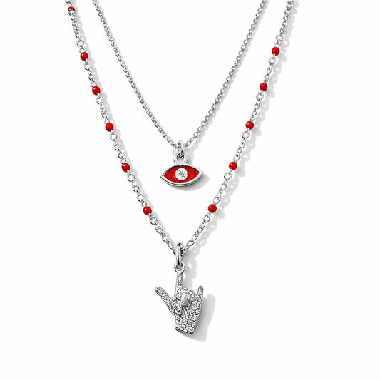 Collier double rang chaîne perles émaillées rouges et chaîne boules facettées scintillantes pendentifs œil protecteur émaillé rouge et main cornes porte - bonheur zircons femme argent 925 BAD LUCK? BLOCKED – bijoux fait main en argent 925 | Pitch & Néo