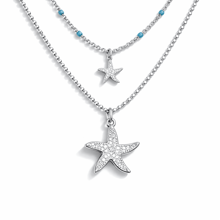 Collier double rang chaîne perles émaillées turquoise et chaîne boules facettées scintillantes pendentifs étoiles de mer miroir et zircons femme argent 925 MERMAID APPROVED & STARFISHED – bijoux fait main en argent 925 | Pitch & Néo