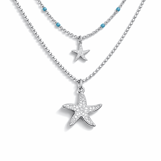 Collier double rang chaîne perles émaillées turquoise et chaîne boules facettées scintillantes pendentifs étoiles de mer miroir et zircons femme argent 925 MERMAID APPROVED & STARFISHED – bijoux fait main en argent 925 | Pitch & Néo