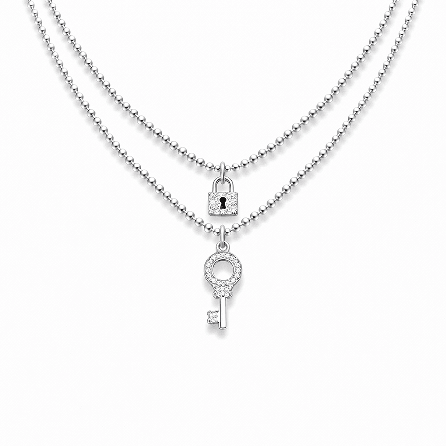 Collier double rang chaînes boules facettées scintillantes pendentifs cadenas et clé zircons femme argent 925 LOCK ME IF YOU CAN – bijoux fait main en argent 925 | Pitch & Néo