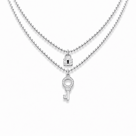 Collier double rang chaînes boules facettées scintillantes pendentifs cadenas et clé zircons femme argent 925 LOCK ME IF YOU CAN – bijoux fait main en argent 925 | Pitch & Néo