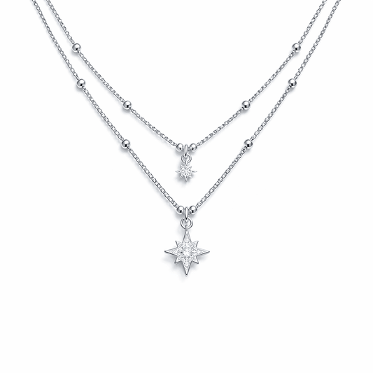 Collier double - rang chaînes gourmette alternée de boules pendentifs étoiles polaires femme argent 925 NORTH LOOKS GOOD ON YOU – bijoux fait main en argent 925 | Pitch & Néo