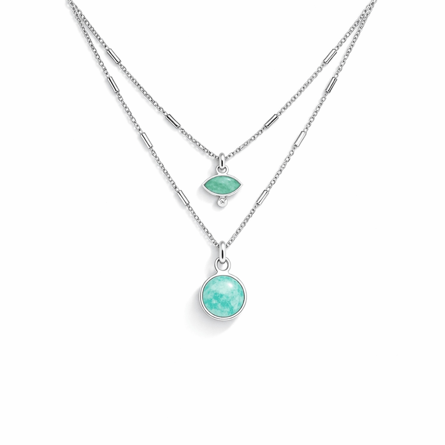 Collier double - rang chaînes maille forçat à tubes pendentifs œil et cabochon rond amazonite femme argent 925 TRUE VISION – bijoux fait main en argent 925 | Pitch & Néo