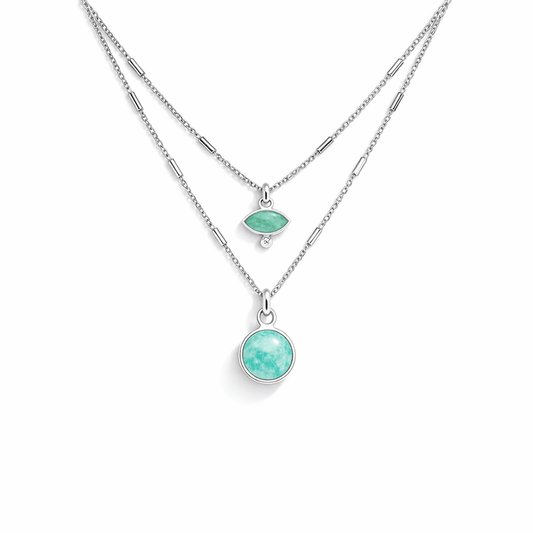 Collier double - rang chaînes maille forçat à tubes pendentifs œil et cabochon rond amazonite femme argent 925 TRUE VISION – bijoux fait main en argent 925 | Pitch & Néo