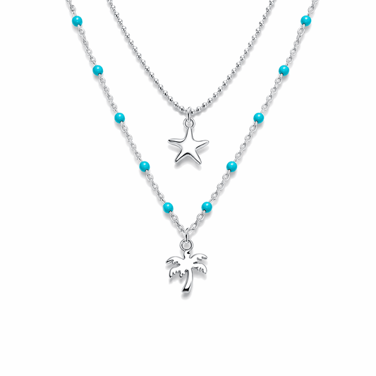 Collier double rang chaînes perles émaillées et chaîne boules facettées scintillantes pendentif palmier miroir femme argent 925 SPRITZ UNDER THE PALMS – bijoux fait main en argent 925 | Pitch & Néo