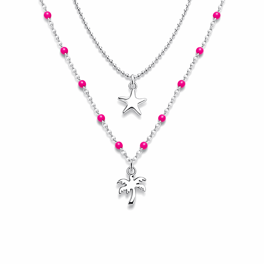 Collier double rang chaînes perles émaillées et chaîne boules facettées scintillantes pendentif palmier miroir femme argent 925 SPRITZ UNDER THE PALMS – bijoux fait main en argent 925 | Pitch & Néo