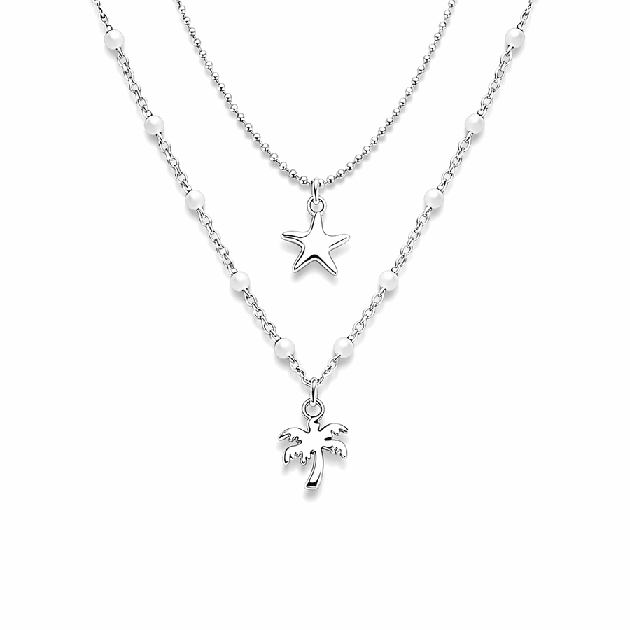 Collier double rang chaînes perles émaillées et chaîne boules facettées scintillantes pendentif palmier miroir femme argent 925 SPRITZ UNDER THE PALMS – bijoux fait main en argent 925 | Pitch & Néo