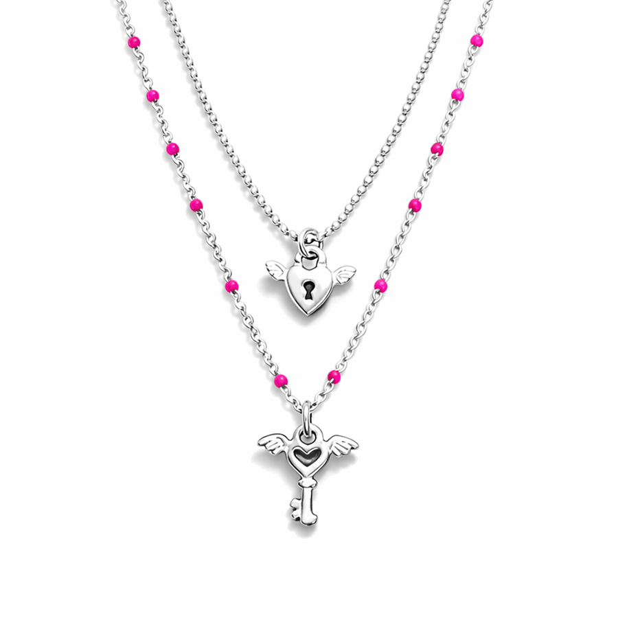 Collier double rang femme cœur cadenas clé argent 925 RED KISS, NO ENTRY – bijoux fait main en argent 925 | Pitch & Néo