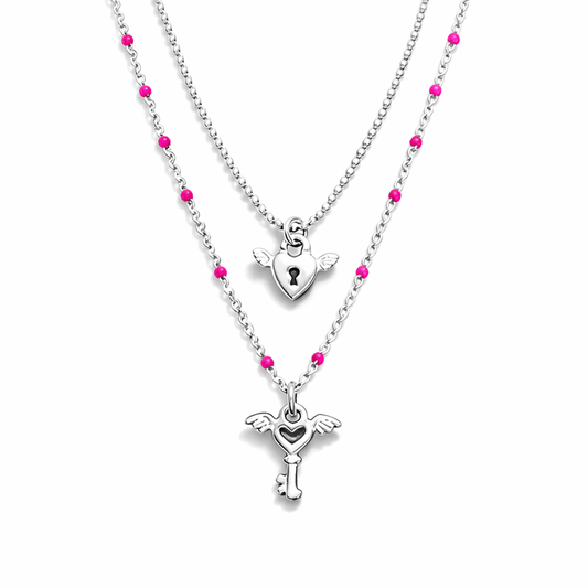 Collier double rang femme cœur cadenas clé argent 925 RED KISS, NO ENTRY – bijoux fait main en argent 925 | Pitch & Néo