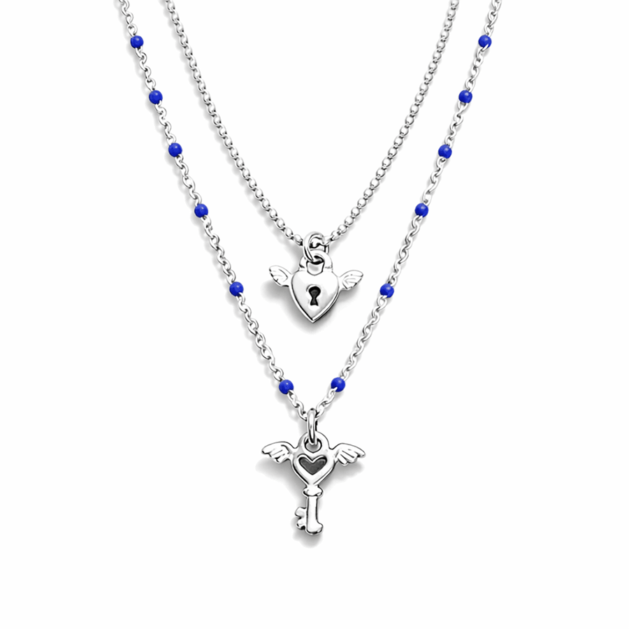 Collier double rang femme cœur cadenas clé argent 925 RED KISS, NO ENTRY – bijoux fait main en argent 925 | Pitch & Néo