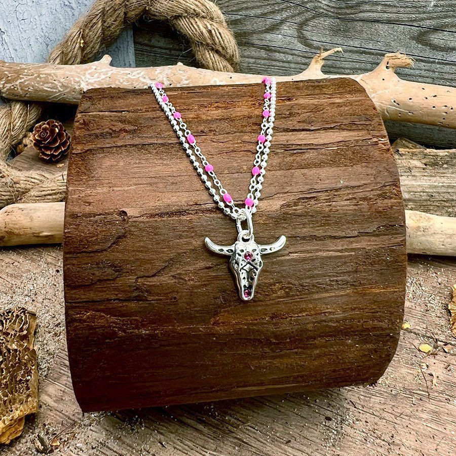 Collier double - rang perles émaillées boules facettées femme pendentif tête de buffle zircon argent 925 TOO PINK TO DIE – bijoux fait main en argent 925 | Pitch & Néo