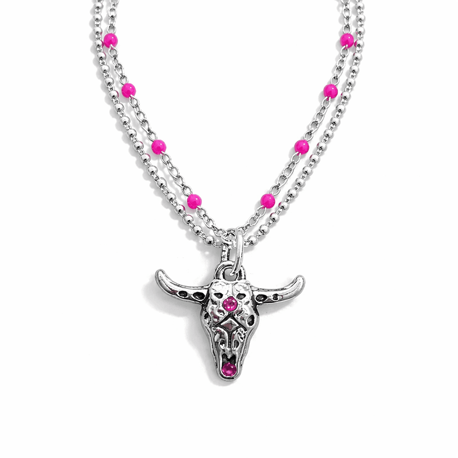 Collier double - rang perles émaillées boules facettées femme pendentif tête de buffle zircon argent 925 TOO PINK TO DIE – bijoux fait main en argent 925 | Pitch & Néo