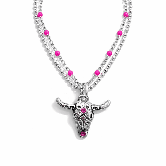 Collier double - rang perles émaillées boules facettées femme pendentif tête de buffle zircon argent 925 TOO PINK TO DIE – bijoux fait main en argent 925 | Pitch & Néo