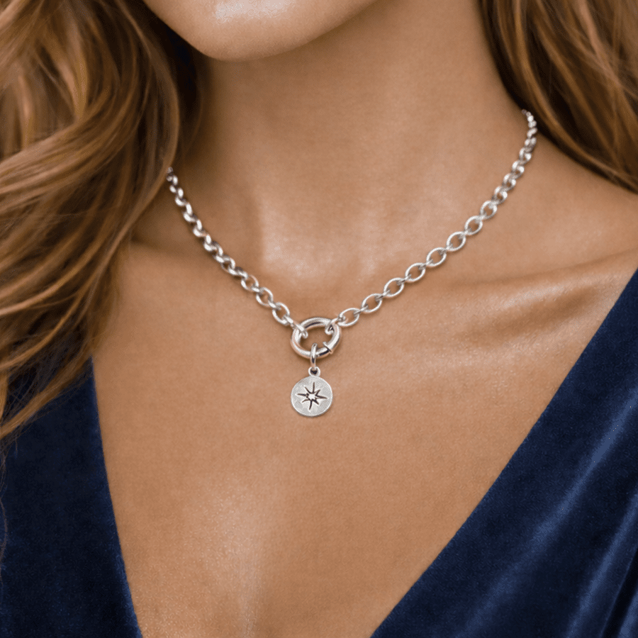Collier femme argent 925 SHUT UP & GUIDE ME – chaîne jaseron 5,5 mm, fermoir bouée et médaille étoile polaire – bijoux fait main en argent 925 | Pitch & Néo